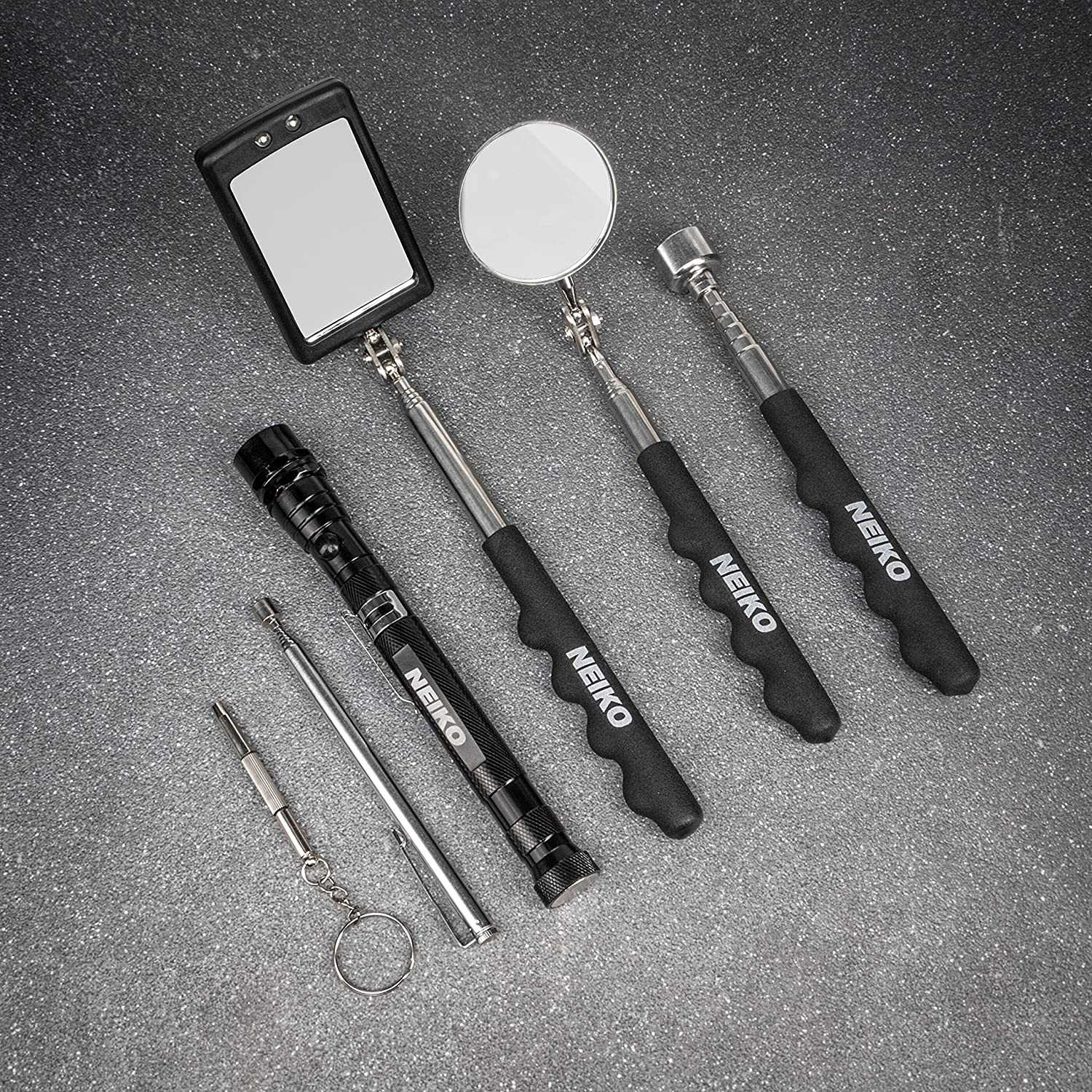 Magnetic Pickup Tool & Telescoping Mirror Set — LED Flashlight, 6 Tools (6-Piece)