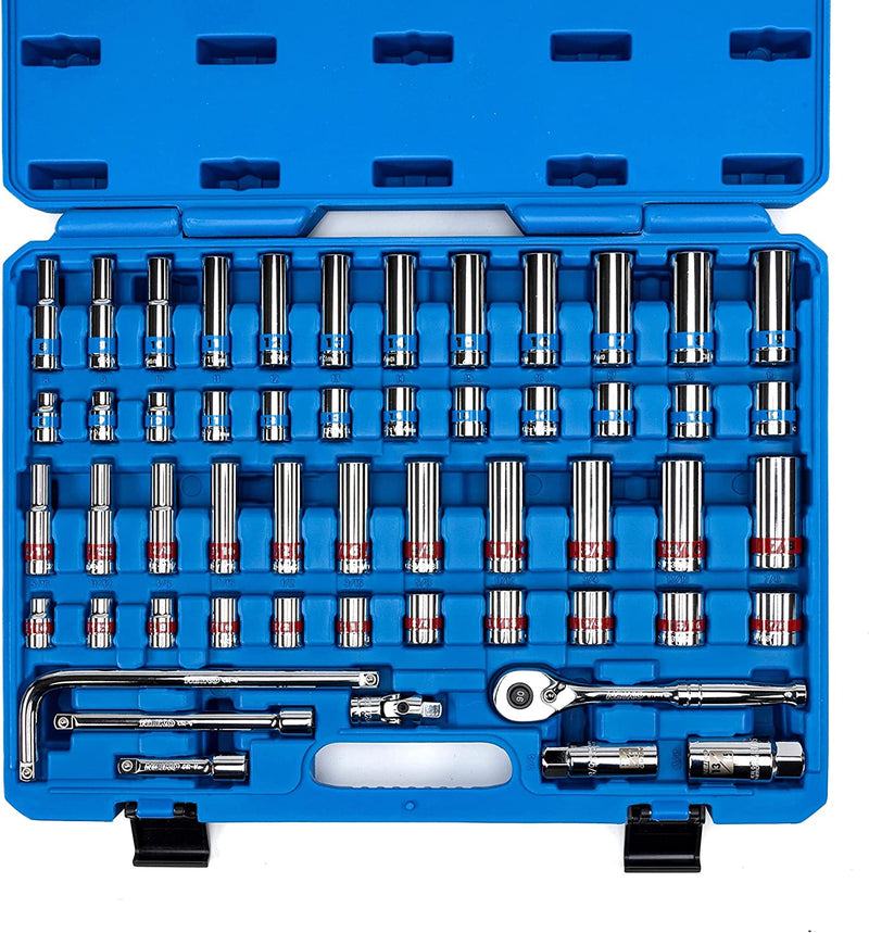 NEIKO 02513A 3/8-Inch-Drive Ratchet and Socket Set, 53-Piece Standard and Deep SAE Sizes 5/16" to 7/8", Metric Sizes 8 mm to 19 mm, Mechanic Socket Set Made with CrV Steel